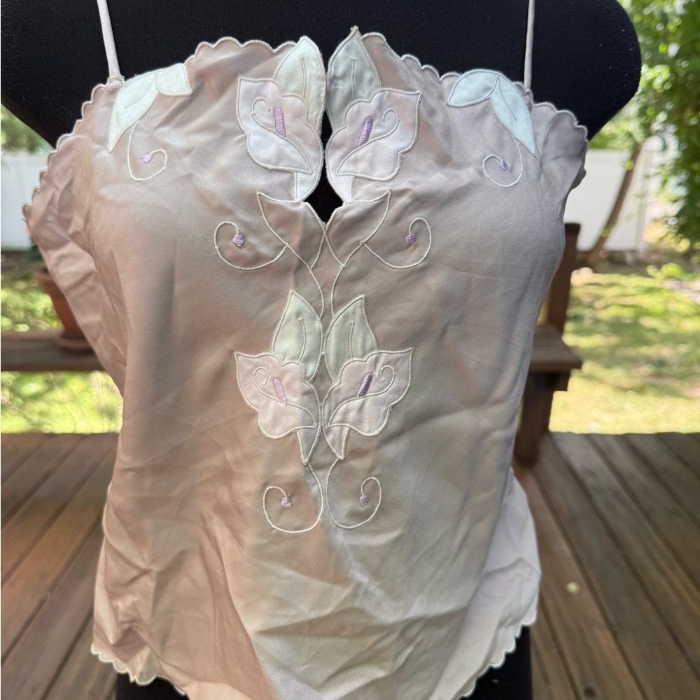 Vintage Delicate Floral Embroidered Pink Satin Cami Top
